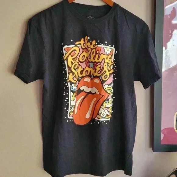 THE ROLLING STONES T-SHIRT Black Yellow Red Tongue Big Logo Retro Medium - Picture 1 of 9